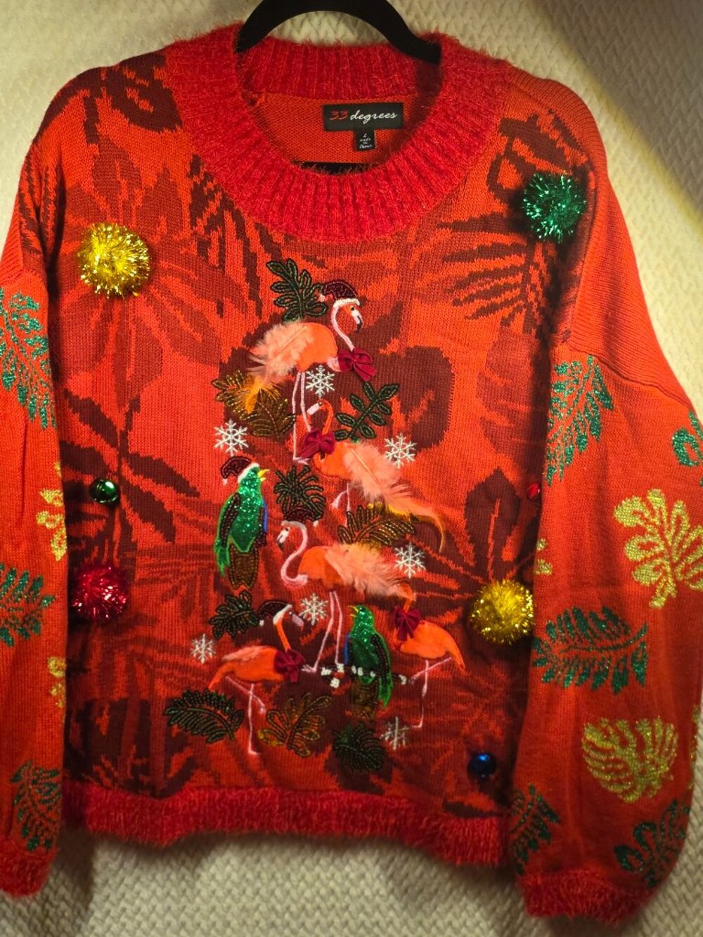 Womens Whimsical Ugly Christmas Sweater Tropical Flamingo/ Feathers Bells SZ L